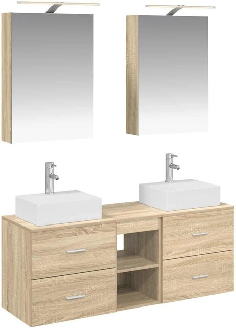 vidaXL Badezimmermöbel-Set 5-teilig in Sonoma-Eiche mit Spiegelschrank, Waschtischunterschrank und Wandschrank, Braun, mit LED-Beleuchtung und Glaselementen - Bild 1