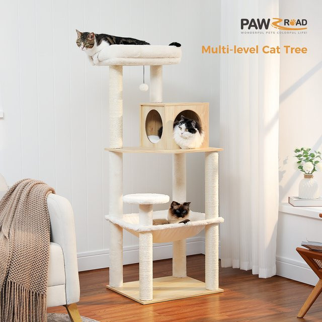 PAWZ Road Kratzbaum aus Holz in Beige mit Sisal-Elementen, Hängematte und Plüschbett, moderner mehrstufiger Katzenturm für den Innenbereich - Bild 1