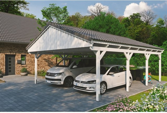 Skan Holz Carport Fichtelberg aus Fichte Leimholz in Weiß mit spitzer Dachform, B/T: 618 x 808 cm, Höhe: 362 cm - Bild 1
