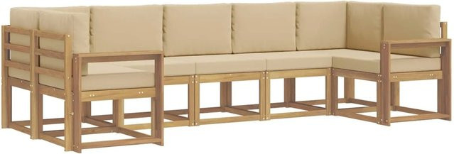 vidaXL Outdoor-Sofagarnitur aus Akazienholz in L-Form mit Kissen, 7-teilig, Weiß und Beige - Bild 1