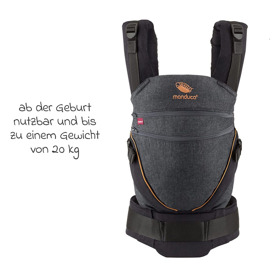 manduca Babytrage XT Schnallentrage für Babys ab 3,5 kg bis 20 kg inklusive Schnullerkette aus Holz in Denimblack Toffee - Bild 4