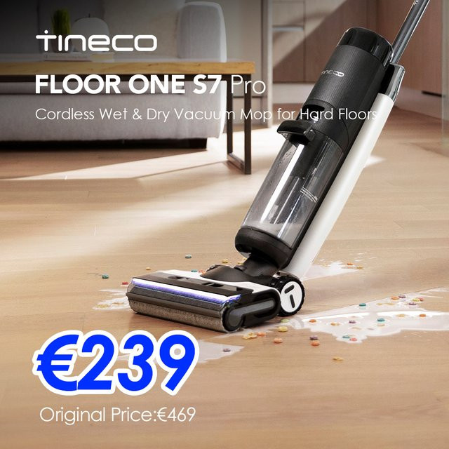 Tineco Floor ONE S7 PRO Akku-Nasstrocken-Sauger mit LED-Display in Weiß zur Entfernung von klebrigen Verschmutzungen und Tierhaaren - Bild 1