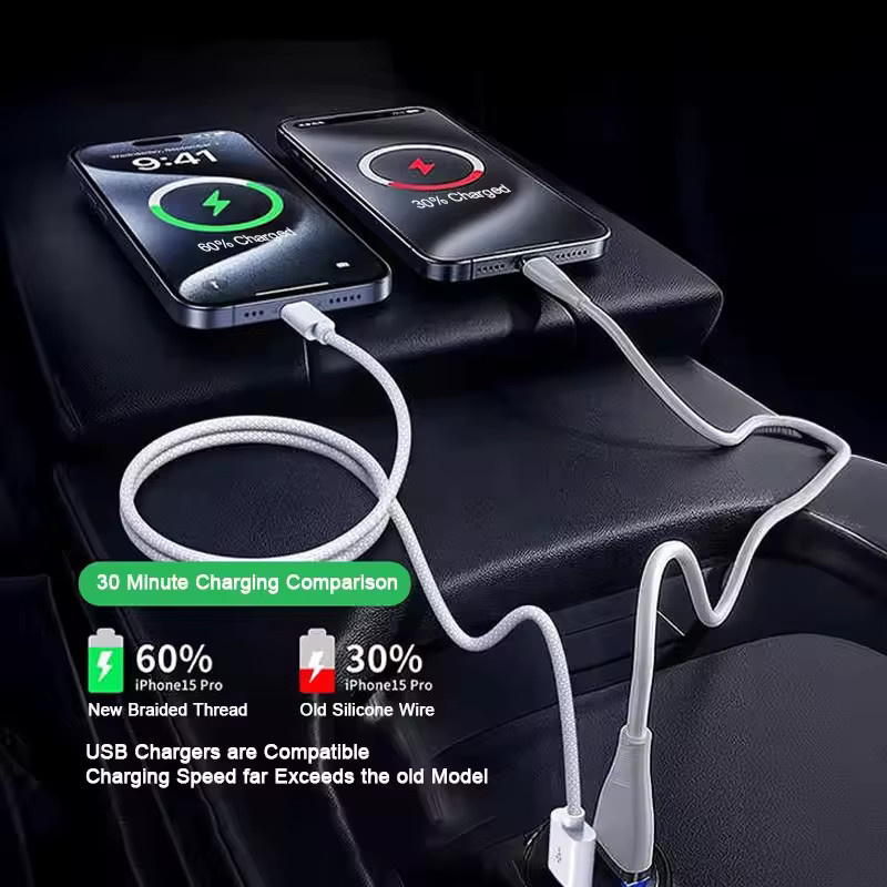 USB-A auf USB-C Handykabel in Weiß mit Nylon-Geflecht für schnelles Laden und CarPlay, kompatibel mit iPhone 15 und 16 Serie - Bild 3