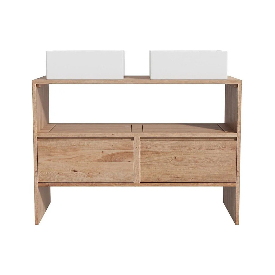 Cavizo Doppelwaschtisch aus Massivholz Eiche und Keramik in Naturfarben Hell B: 110 cm, T: 50 cm, H: 78 cm - Bild 2