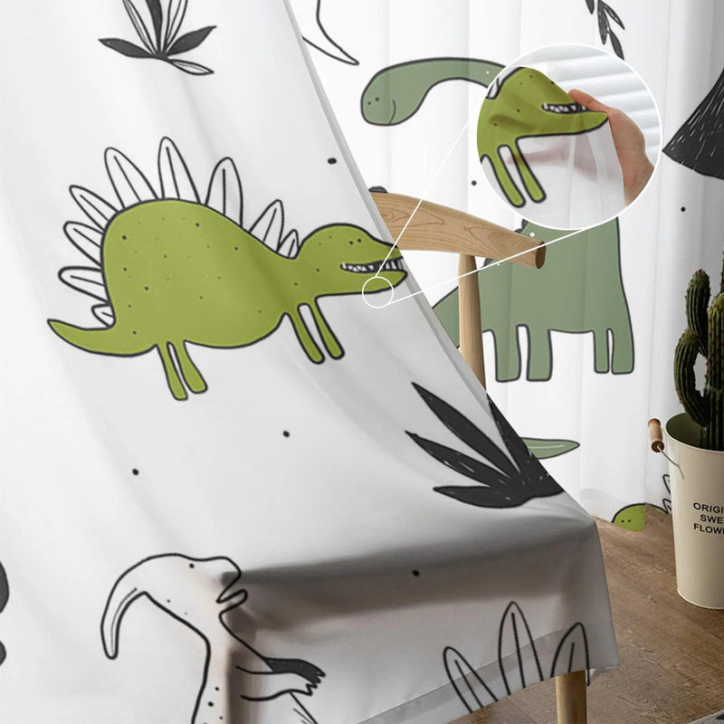 A Family Of Home Textiles Transparenter Voile-Hängevorhang mit Dinosaurier- und Pflanzen-Motiv in Tiergrün, Breite: 135 cm, Höhe: 244 cm - Bild 4