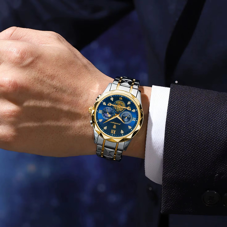 POEDAGAR Armbanduhr Chronograph, Edelstahl, Quarz, Blau, Herren - Bild 6