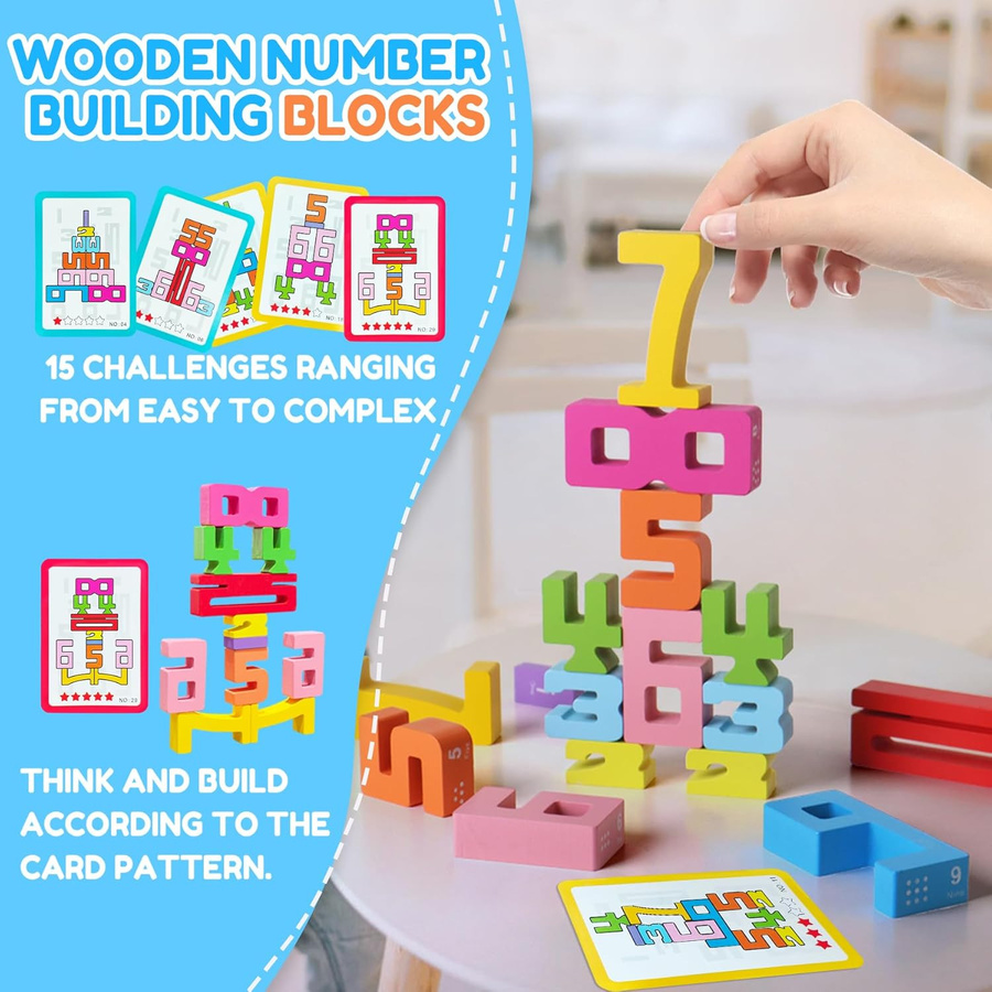 BizyKoady Holz Zahlen Bausteine, Montessori Zahlen Stapelblöcke Puzzle, ab 3 Jahre - Bild 2