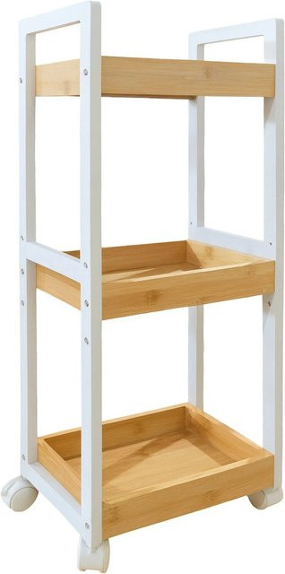 Relaxdays Rollwagen aus Bambus und MDF in Natur und Weiß mit 3 höhenverstellbaren Fächern und Rollen, B/T/H: 80 x 30 x 20 cm - Bild 1