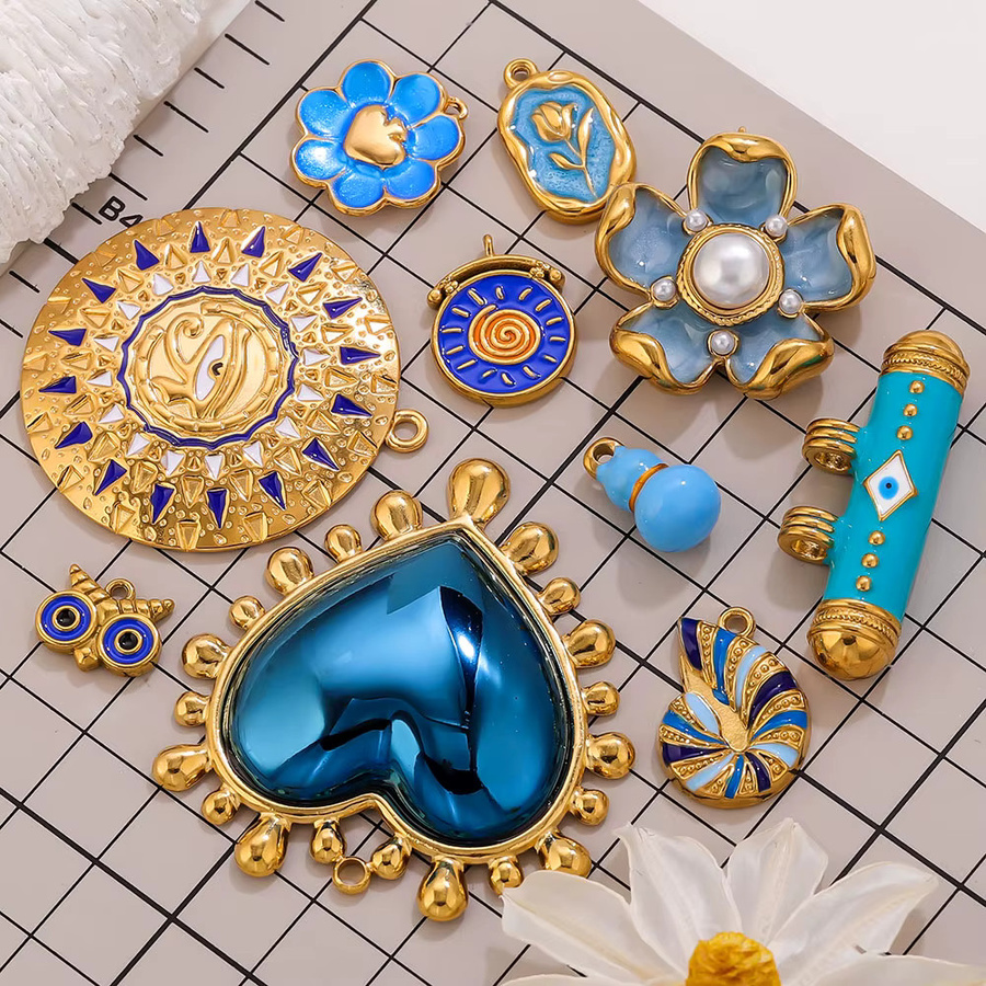 Elomia Anhänger Edelstahl, Dunkelblaue Emaille, Herz- und Blumenform, Gold, Unisex - Bild 6