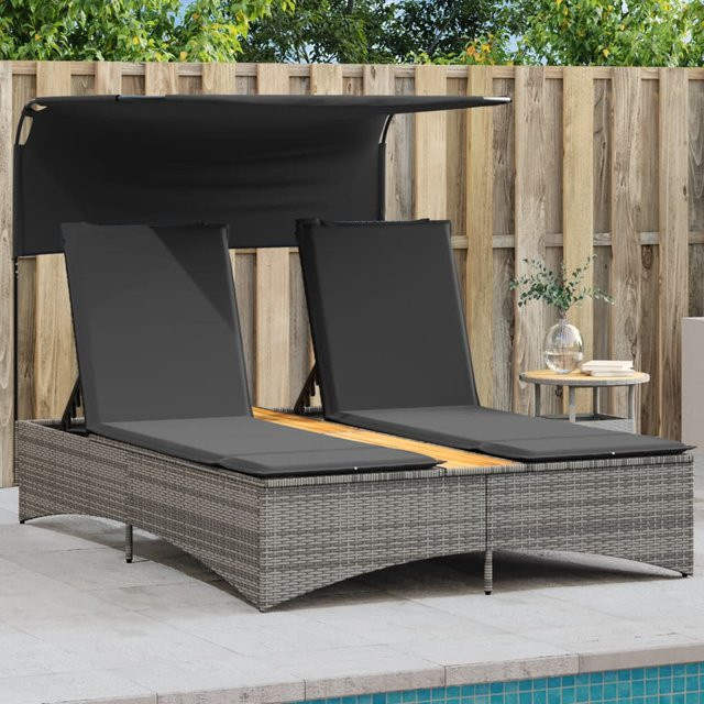 vidaXL Doppel-Sonnenliege aus Polyrattan mit Sonnendach und Auflagen, Grau, B/T/H: 136 x 220 x 140 cm - Bild 3
