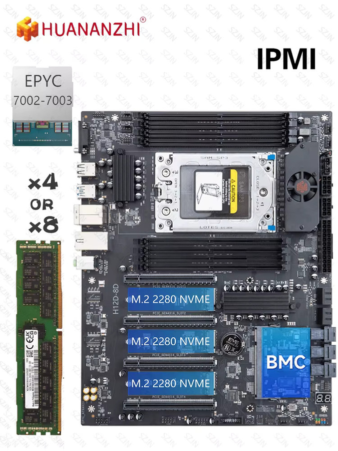 HUANANZHI H12D-8D Motherboard-Set EPYC Server-Kit mit AMD EPYC 7002 7003 Serie CPU, BMC IPMI, 8-Kanal-Speicher und Dual 2.5G Netzwerk, Schwarz - Bild 5