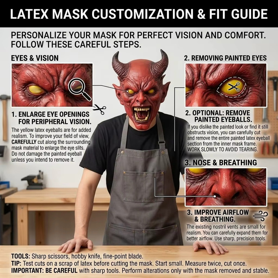 patygr Gruselige Gehörnte Dämonenmaske, Vollkopf-Latex-Teufelsmaske, Rot - Bild 3