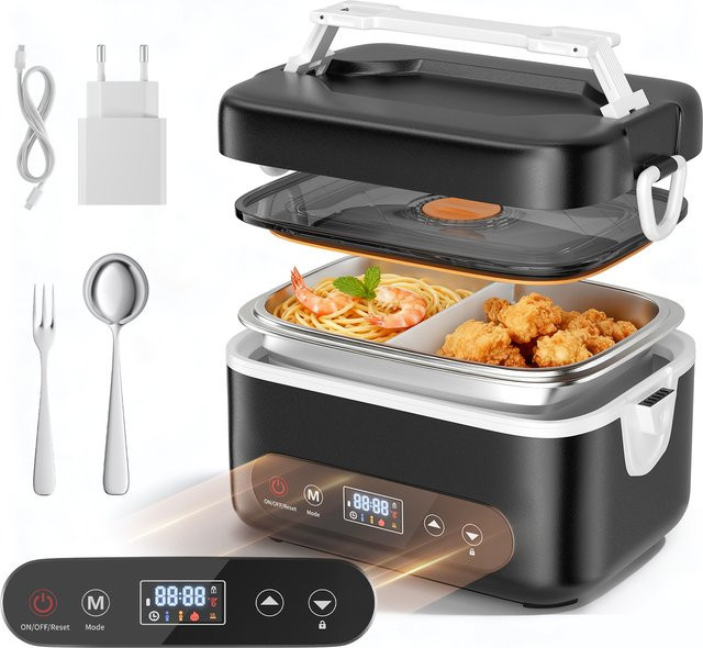 Jugacool Elektrische Lunchbox Schwarz, 1,2 l Wiederaufladbarer Tragbarer Heizbehälter und Dampfgarer für unterwegs - Bild 1