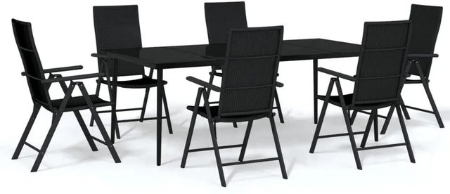 vidaXL 7-teilige Garten-Essgruppe in Schwarz mit Tisch aus gehärtetem Glas und pulverbeschichtetem Stahl für Terrasse und Außenbereich - Bild 1