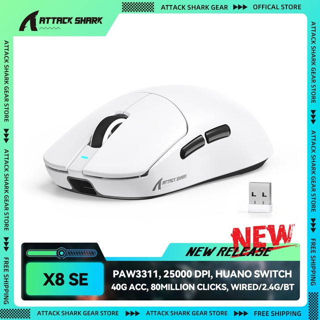 ATTACK SHARK X8SE Tri-Mode Kabellose Gaming-Maus in Weiß mit PAW3311 Sensor und 25000 DPI für große Hände - Bild 1