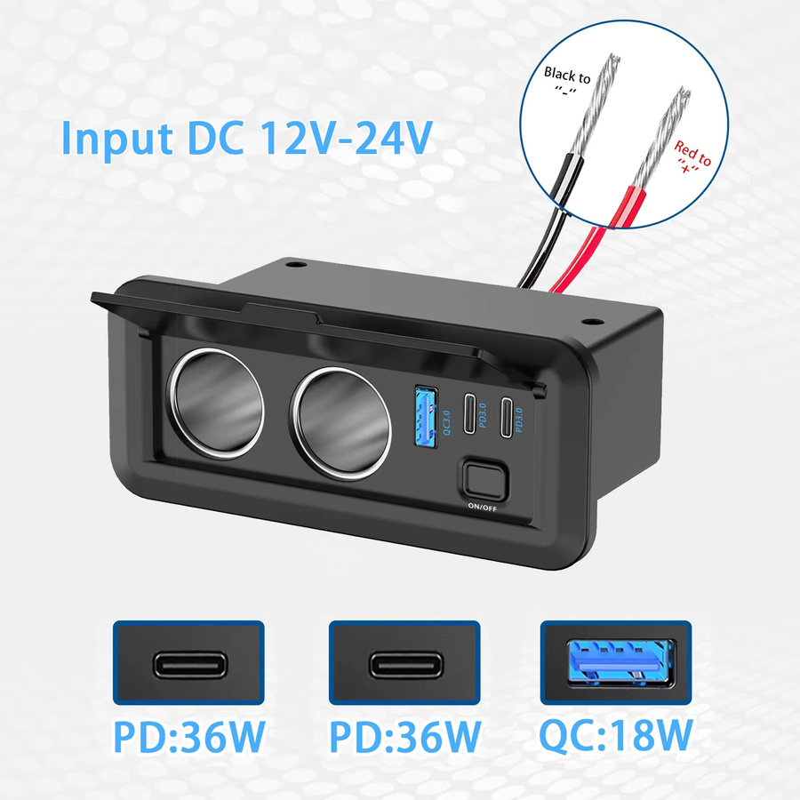 Kebidumei 12V Autoladegerät mit QC3.0 und Dual PD3.0 Steckdosen in Schwarz für Wohnmobil, Marine, LKW, ATV und UTV - Bild 2