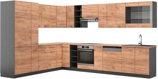 Vicco Fame-Line Eckküche Goldkraft in Eiche und Anthrazit, moderne Küchenzeile mit Soft-Close-Türen, B: 347 cm, T: 257 cm - Bild 1