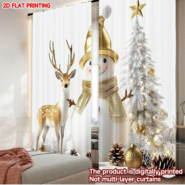 2er-Set Weihnachts-Vorhänge aus Polyester mit Schneemann- und Rentier-Motiv, mehrfarbig, digital bedruckt - Bild 1