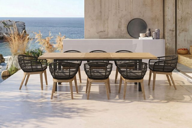 OUTFLEXX Oxford Garten-Essgruppe aus Edelstahl, recyceltem Teakholz und Rope in Anthrazit/Natur mit 8 Sesseln und ausziehbarer Tischplatte, B/T/H: 200 bis 260 x 100 cm - Bild 1