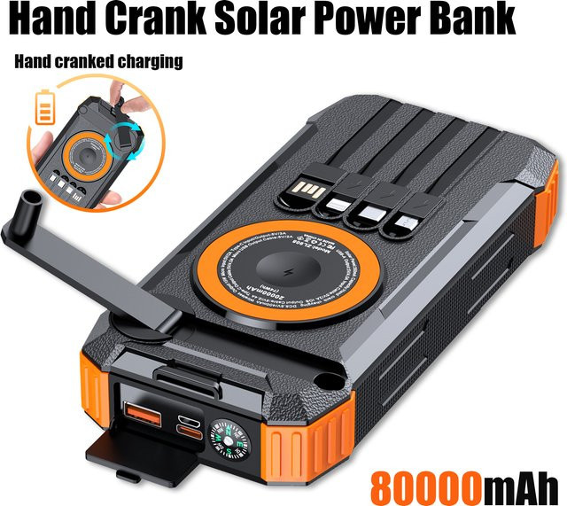 Rscrola Solar-Powerbank 50000mAh mit 22,5W Magnetischer Kabelloser Funktion und Handkurbel in Schwarz für Outdoor und Camping - Bild 1