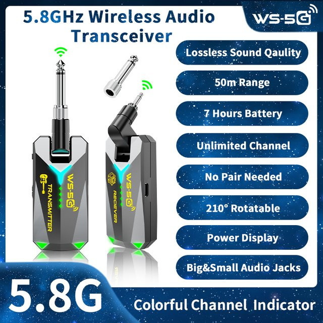 JAMJUM WS-5G 5,8GHz Kabelloser Audio-Sender und -Empfänger in Schwarz mit 3,5 mm und 6,35 mm drehbarem Anschluss - Bild 1