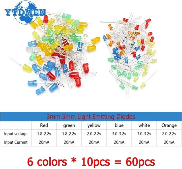 YTDMEN LED-Dioden-Set mit 60 Stück in 6 Farben: Rot, Orange, Gelb, Grün, Blau und Weiß (3 mm und 5 mm) - Bild 1