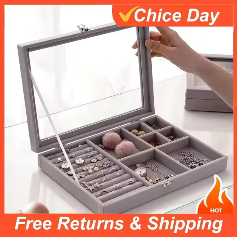 Amagi Schmuckdisplay Organizer aus Samt und Glas in Grau mit rechteckigem Tablett für Ringe und Ohrringe - Bild 1
