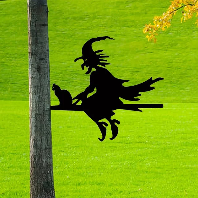 Metallwandkunst Hexe und Katze auf Ast in Schwarz als Außenstatue für Garten und Terrasse - Bild 1