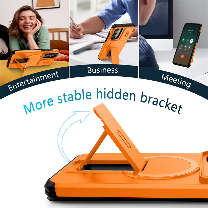 Magnetische 3-in-1 Schutzhülle für Samsung Galaxy S25 Ultra S24 Plus FE S25edge S25FE in Orange mit klappbarem Ständer und verstecktem Linsenschutz - Bild 4