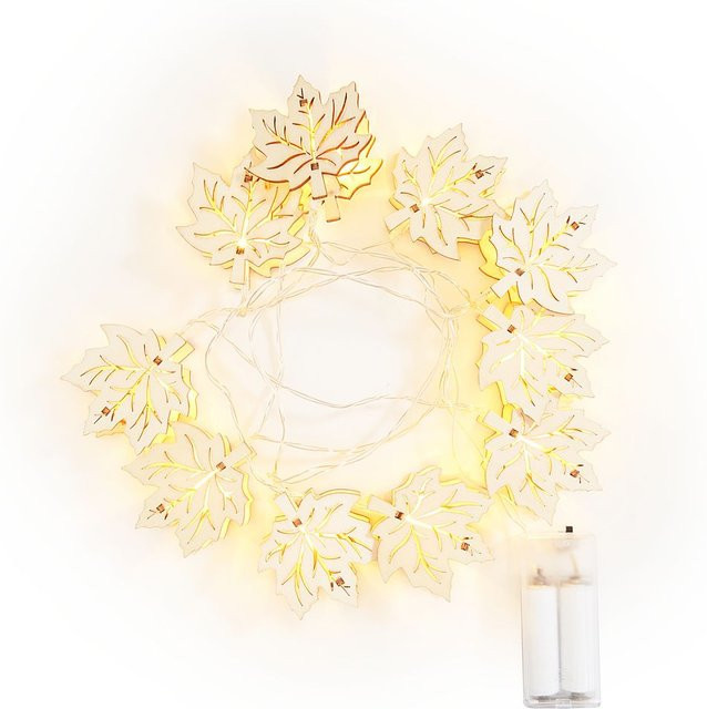 VBS LED Lichterkette Ahornblätter in Beige und Weiß mit warmweißem Licht für den Herbst - Bild 1