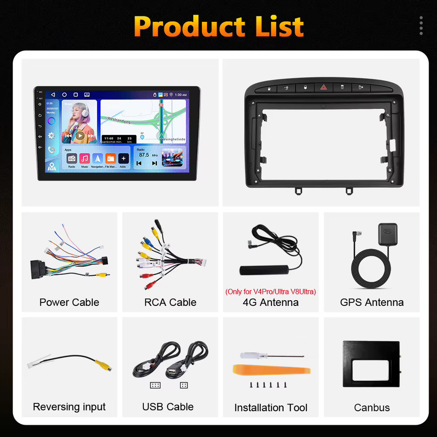 Podofo 4G Wireless CarPlay Android Autoradio mit GPS für Peugeot 308 408 2007-2015 in Schwarz - Bild 7