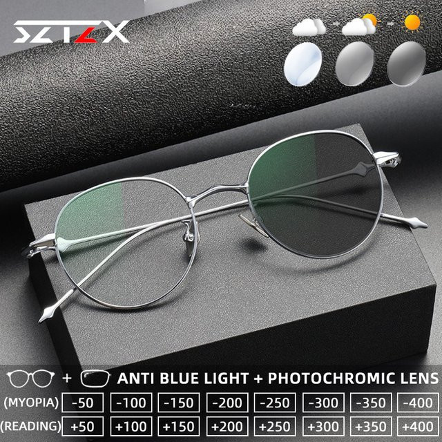 SZTZX Lesebrille, Titan, Vollrand, Rund, Silber, Photochrom, Blaulichtfilter - Bild 1