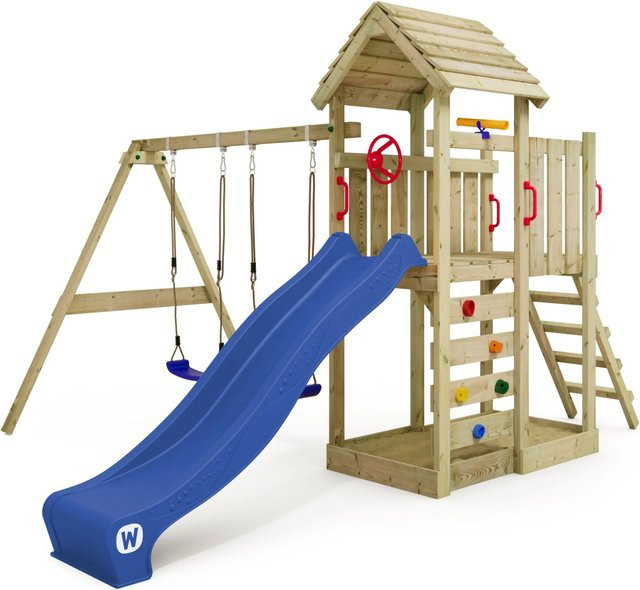 Wickey Spielturm Klettergerüst MultiFlyer Holzdach mit Schaukel & Rutsche in blau - Bild 1