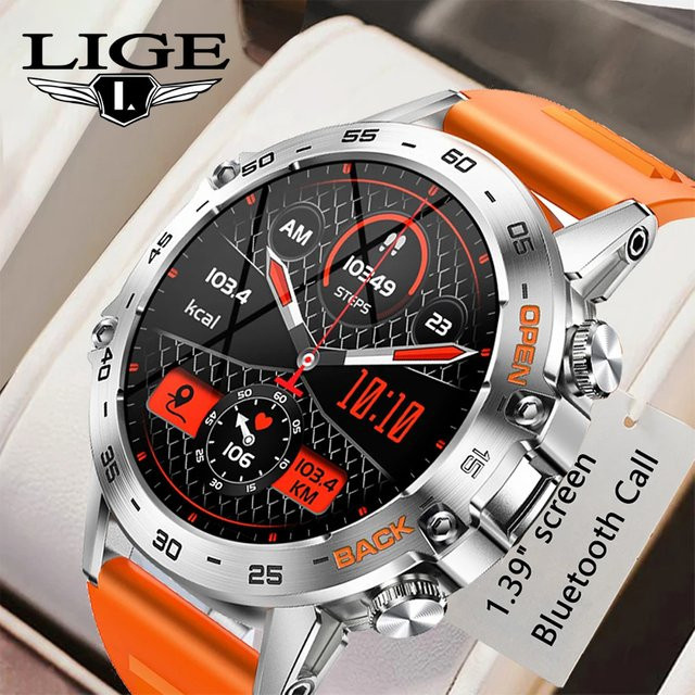 LIGE Smartwatch für Herren mit 1.39 Zoll Runddisplay, Bluetooth Anruf, Herzfrequenz-Überwachung und Sport-Fitness-Funktionen, Farbe: Orange/Schwarz/Silber - Bild 1