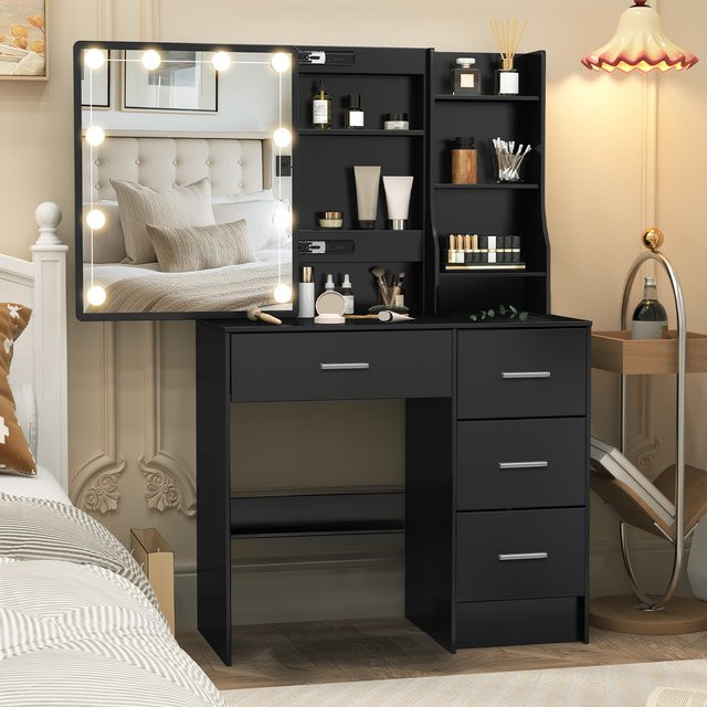 Schminktisch onesaimei in Schwarz Matt mit Hollywood LED-Spiegel und modernem Design, Breite: 130,0 cm, Höhe: 80,0 cm - Bild 1