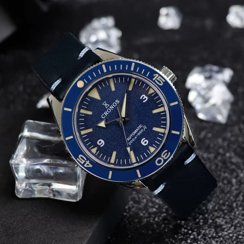 Cronos Sea Master 300 Diver Herrenuhr, Automatik, Edelstahl, Leder, Blau - Bild 4