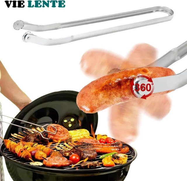 Edelstahl Grillzange mit Teakholz-Griff zum Wenden von Würstchen und Fleisch, Silber - Bild 1