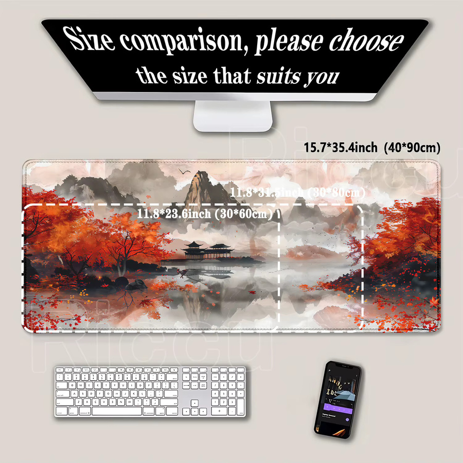 Riccu Gaming-Mauspad mit Ink-Wash Mountain Art Illustration in Multicolour, rutschfeste Schreibtischunterlage mit HD-Druck und Overlock-Rand - Bild 2