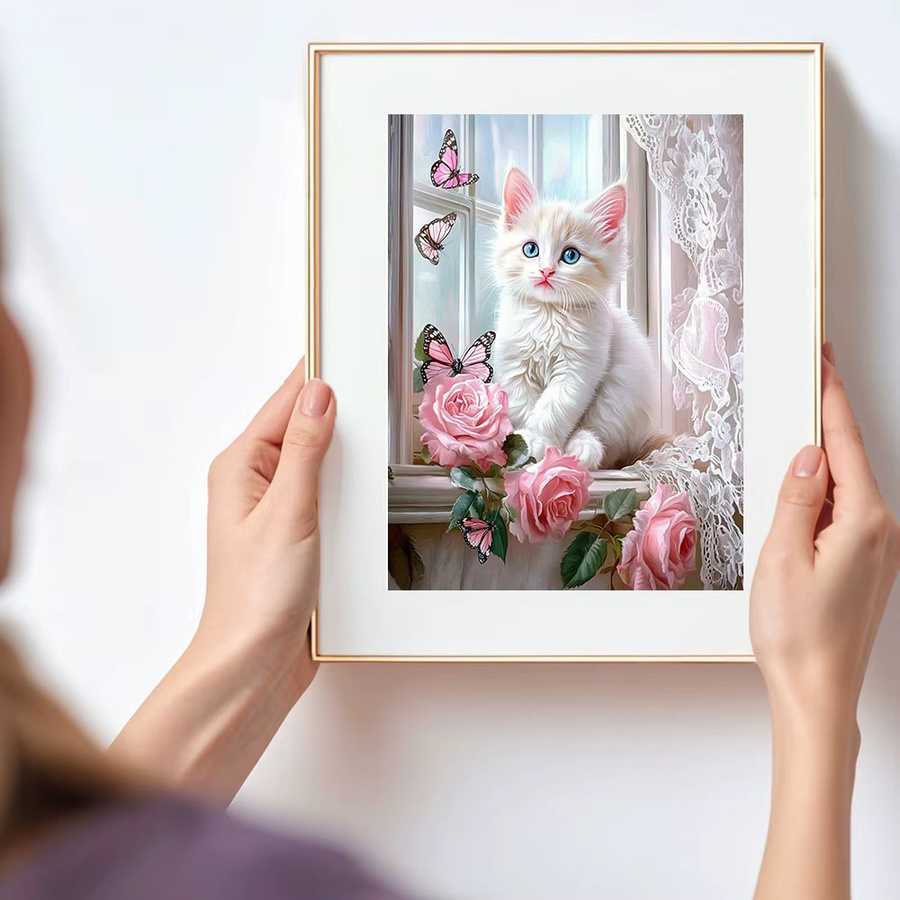 Huacan Diamantgemälde Katze mit Rosen als Diamantmosaik in Mehrfarbig, B/H: 30 x 20 cm - Bild 3