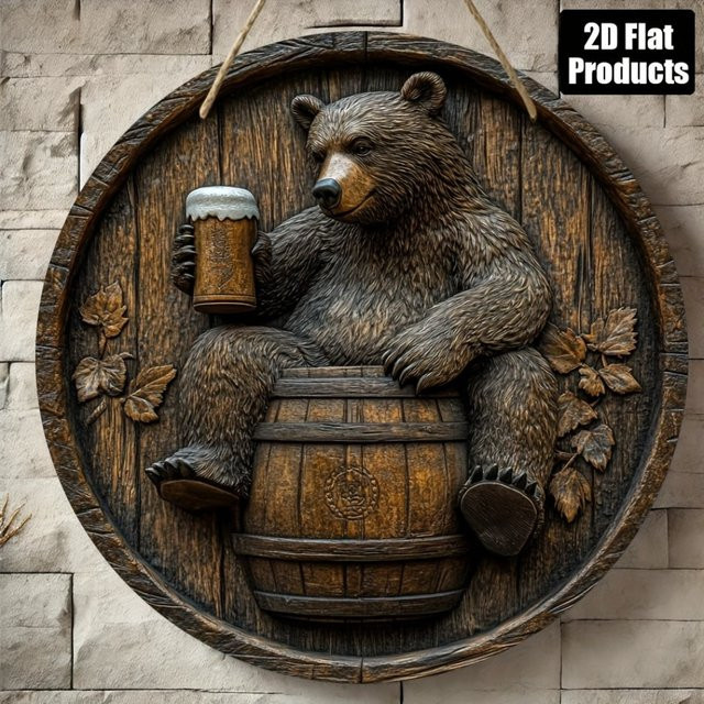 Metall-Blechschild CIFBUY Wandkunst Bär mit Bier in Rustikalem Braun, B/H: 20,32 x 20,32 cm - Bild 1