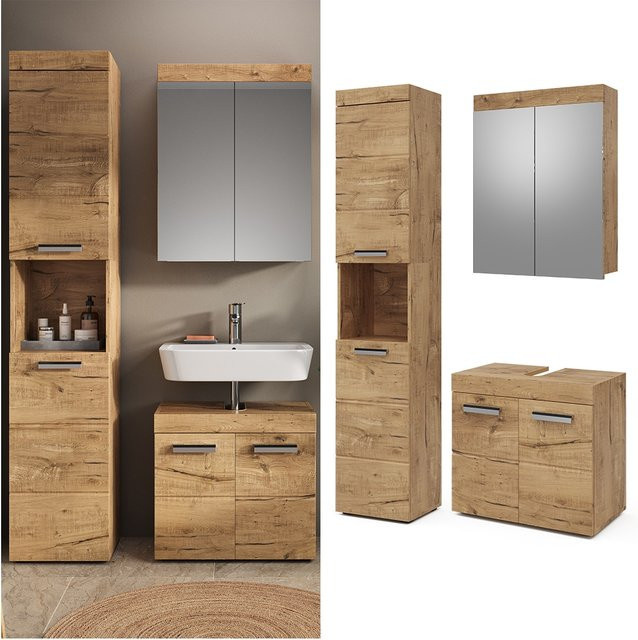 Vicco Badmöbel Set Luna in Eiche mit Spiegelschrank, Waschtisch und Badschrank - Bild 1