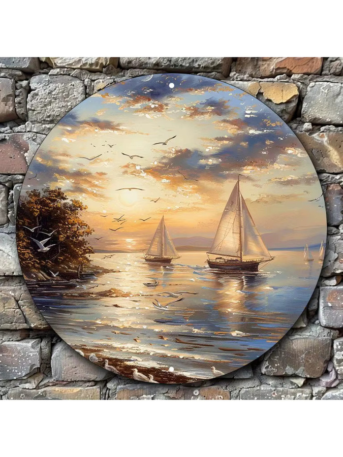 Rundes Wandkunstschild aus Metall von Potdemiel Serene Seascape Sunset Bay mit Segelbooten und Vögeln in Mehrfarben - Bild 4