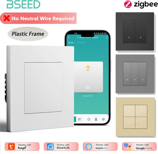 BSEED Zigbee Lichtschalter mit Tuya Smart Life und Alexa-Steuerung, smarter Klick-Tastenschalter aus Kunststoff ohne Neutralleiter, Weiß - Bild 1