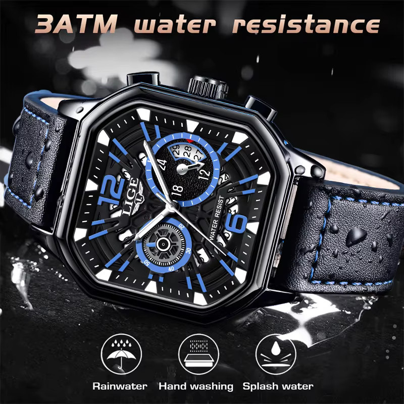 LIGE Chronograph Armbanduhr, Quarz, Leder, Black blue, Herren - Bild 3