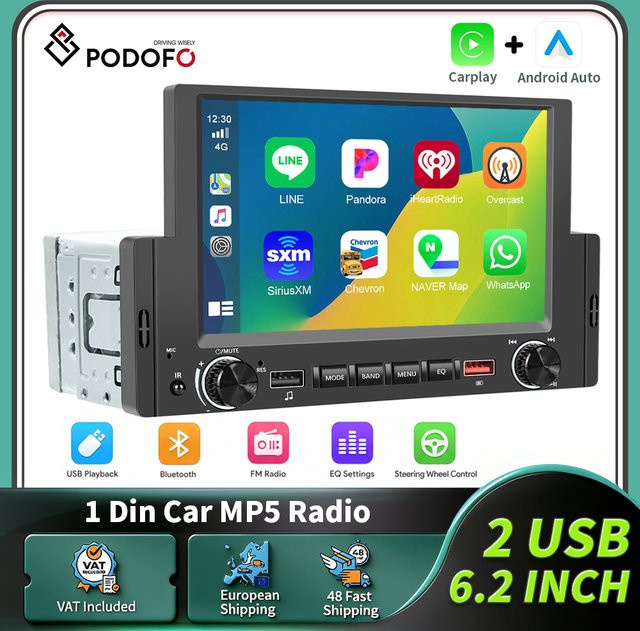 Podofo 6,2 Zoll Autoradio mit Carplay und Android Auto, 1 Din Multimedia-Player mit HD-Touchscreen, Bluetooth und MirrorLink in Schwarz - Bild 1