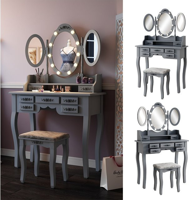 Vicco Schminktisch Diana in Grau mit Hollywood-Beleuchtung und Hocker, B/T/H: 90 x 40 x 147 cm - Bild 1