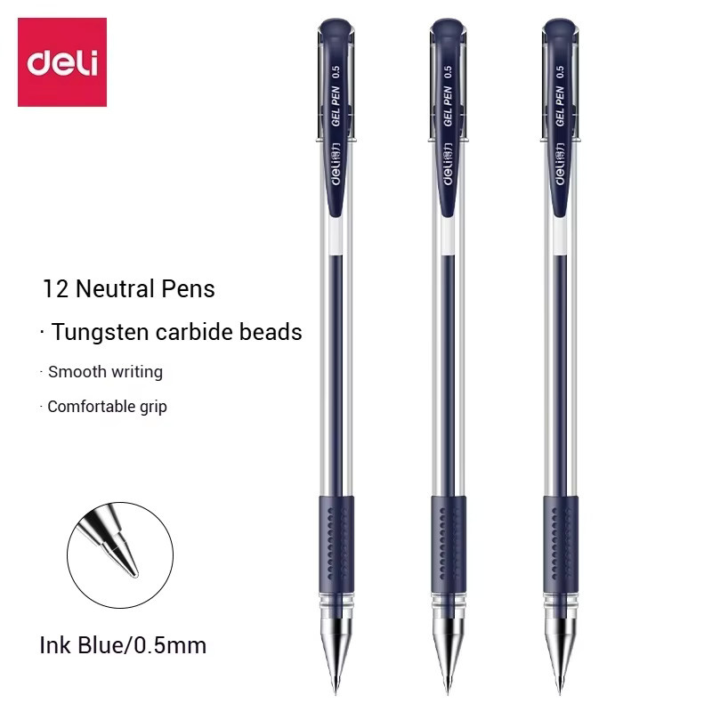 Deli Gelschreiber-Set 12er-Pack mit 0,5 mm feiner Spitze in Schwarz, Blau und Rot - Bild 2