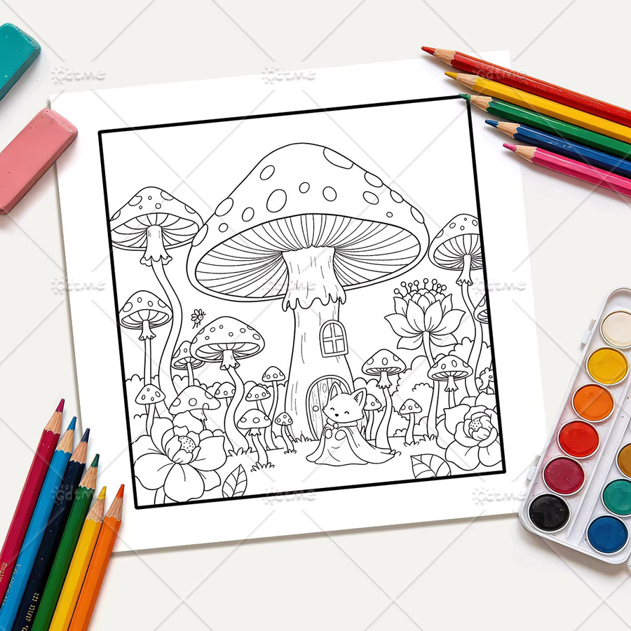 GDTME Malbuch für Erwachsene mit magischen Pilzhäusern und Fuchsszenarien in Multicolour zur Entspannung und zum Stressabbau - Bild 4