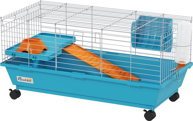 PawHut Kleintierkäfig für Kaninchen und Meerschweinchen mit Rollen, Wasserflasche, Futternapf, Heuraufe, Plattform, Rampe und herausnehmbarer Wanne, Blau, B/T/H: 89 x 44 x 43 cm - Bild 1