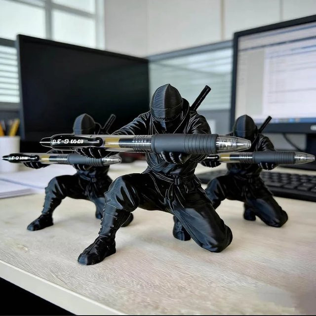 Ninja-Stifthalter aus Kunststoff in Schwarz als 3D-gedruckter Figuren-Schreibtischorganizer und Desktop-Dekoration - Bild 1